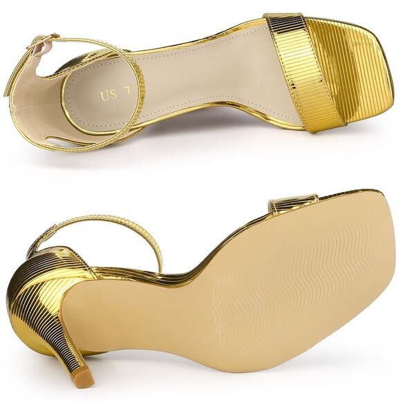 Women's Square Open Toe Metallic Buckle Ankle Strap Stiletto Heel Sandals Gold - Picture 4 of 5